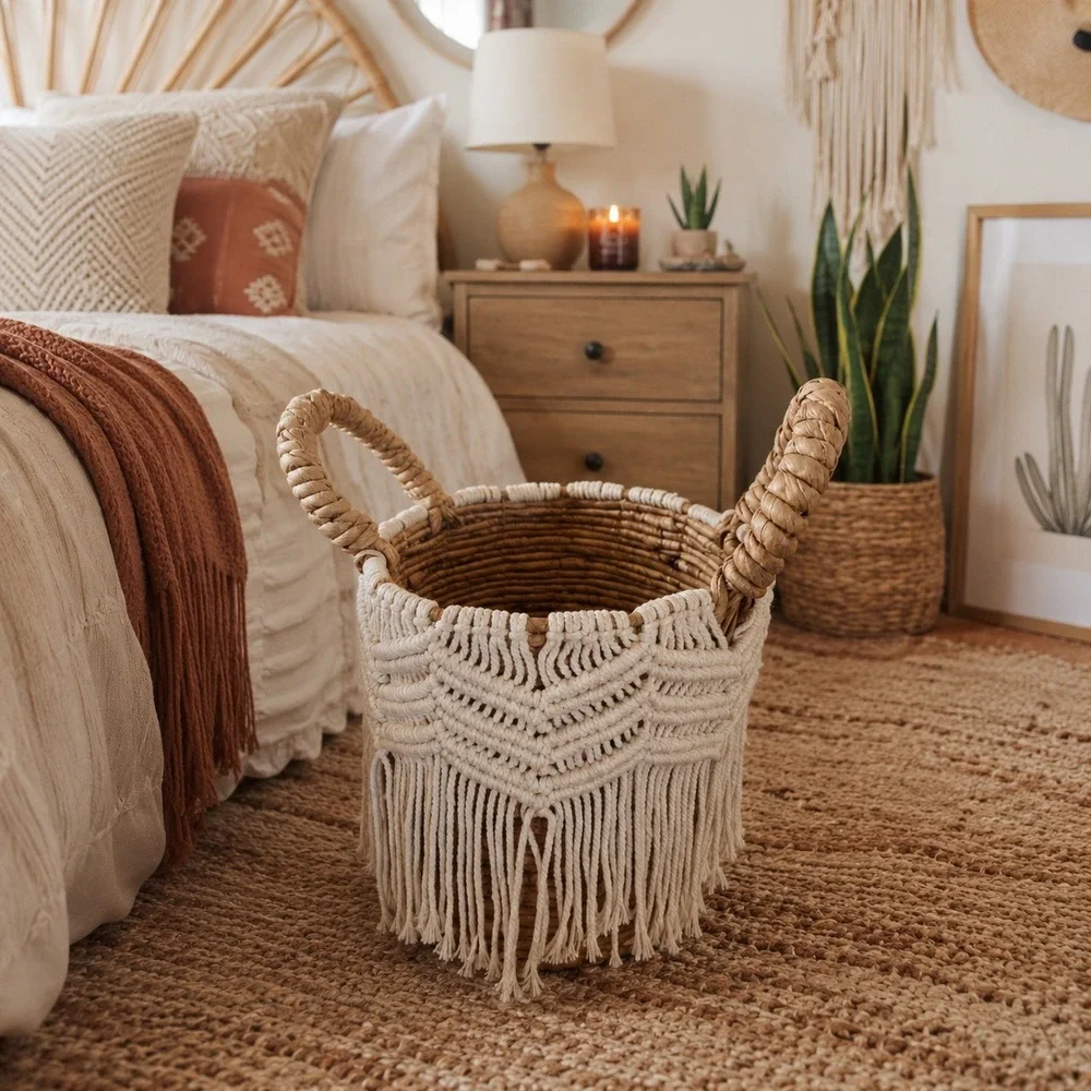 Woven Seagrass Banana Basket‎ Macrame Fringe Boho Handle Storage Decor Accent